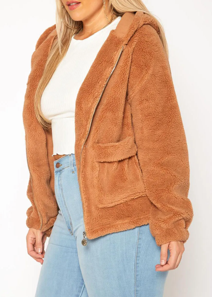 HI Curvy Plus Size Women  Faux Fur Hooded Zip Front Sweater Jacket with Pockets