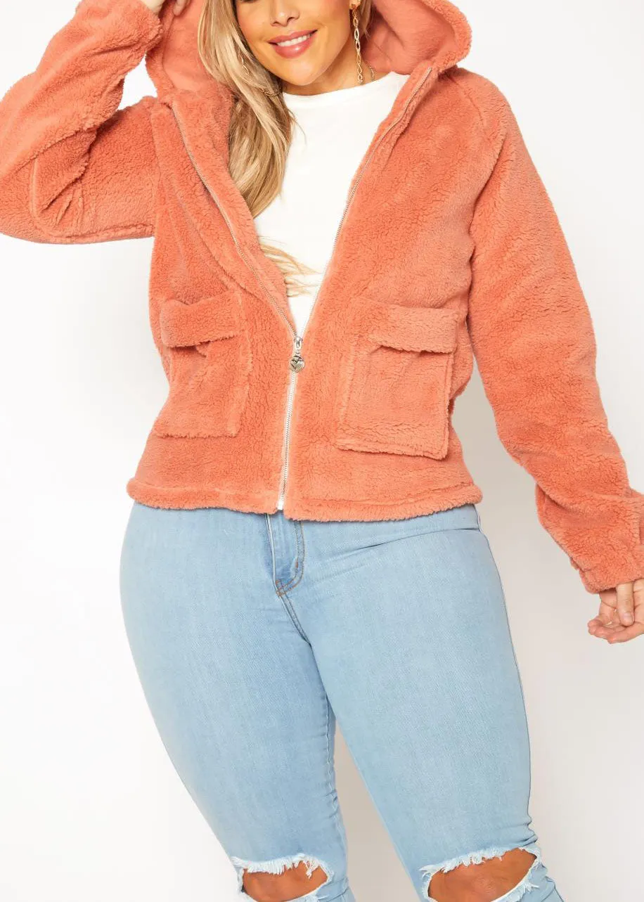HI Curvy Plus Size Women  Faux Fur Hooded Zip Front Sweater Jacket with Pockets