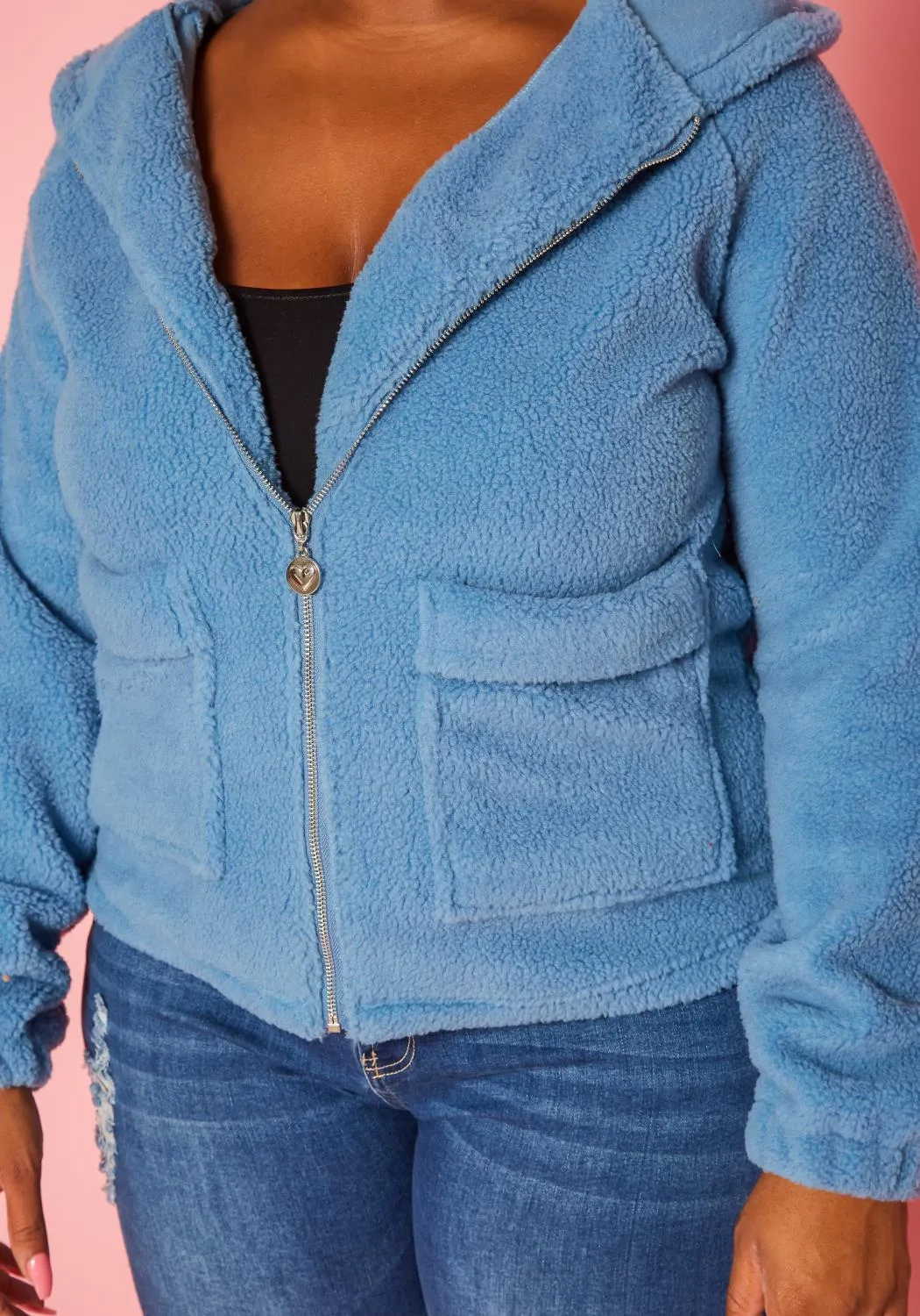 HI Curvy Plus Size Women  Faux Fur Hooded Zip Front Sweater Jacket with Pockets
