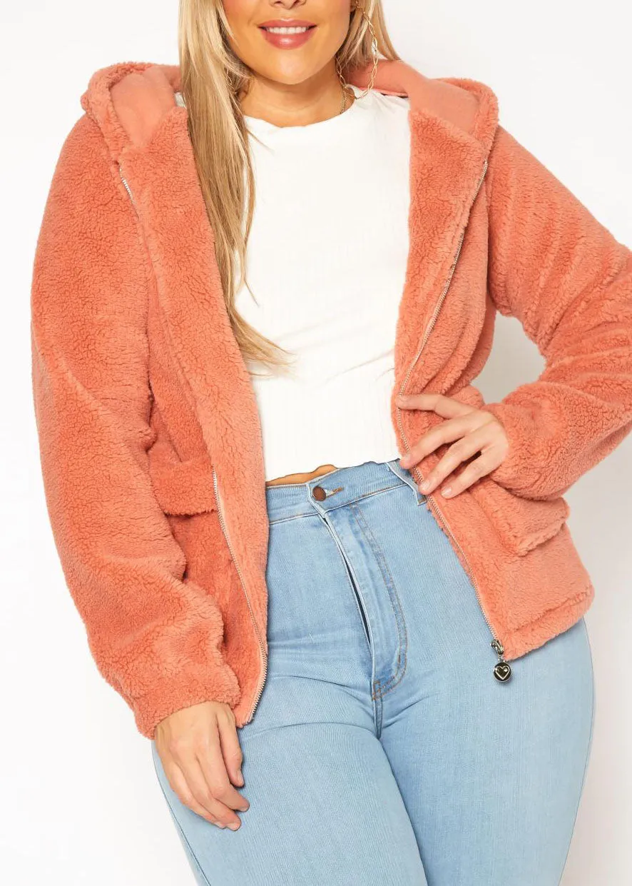 HI Curvy Plus Size Women  Faux Fur Hooded Zip Front Sweater Jacket with Pockets
