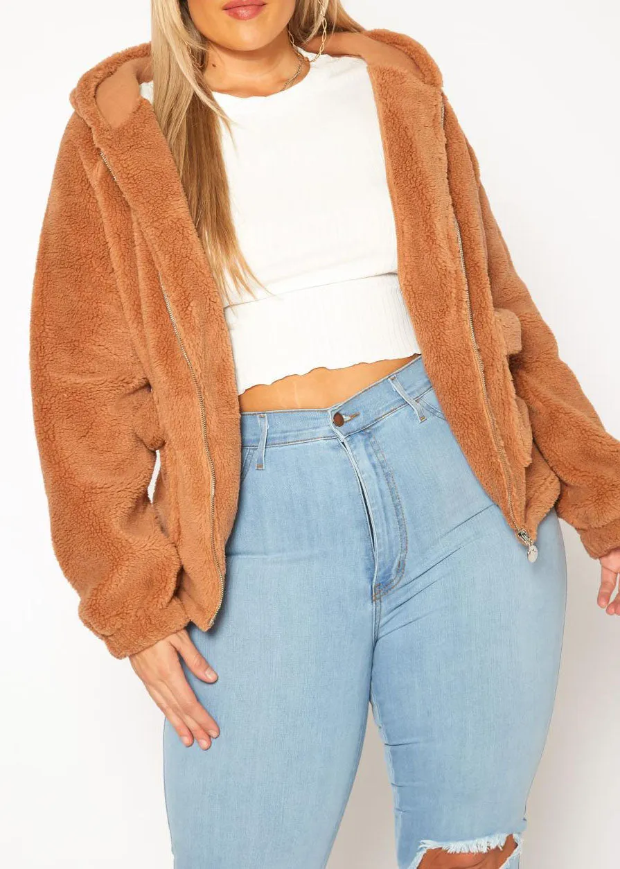 HI Curvy Plus Size Women  Faux Fur Hooded Zip Front Sweater Jacket with Pockets