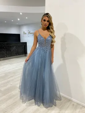 Honey Couture REGAN Smokey Blue Beaded Tulle Skirt Formal Dress