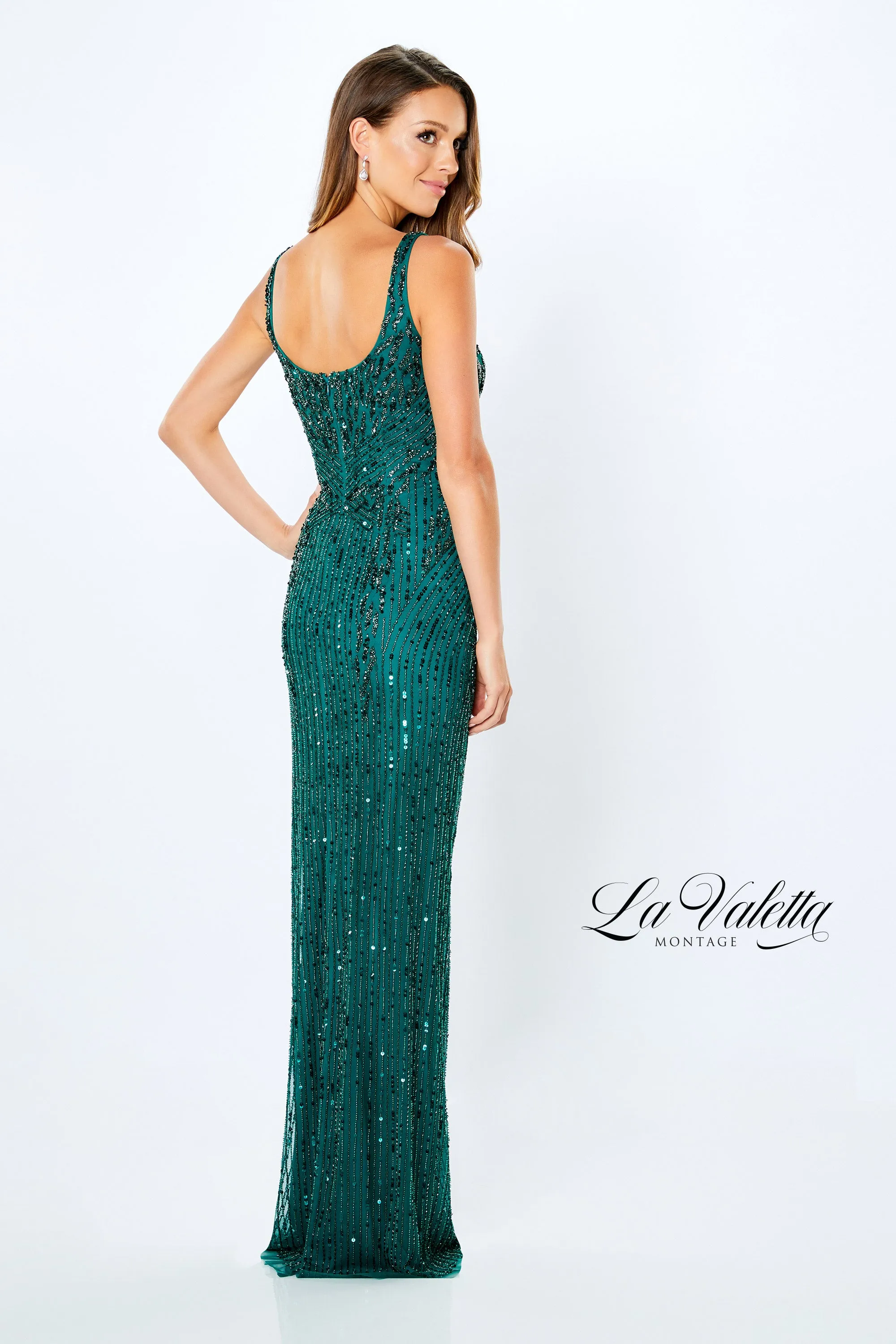 La Valetta LV22106 Beaded Scoop Neck Gown | Emerald, Lead, Mocha