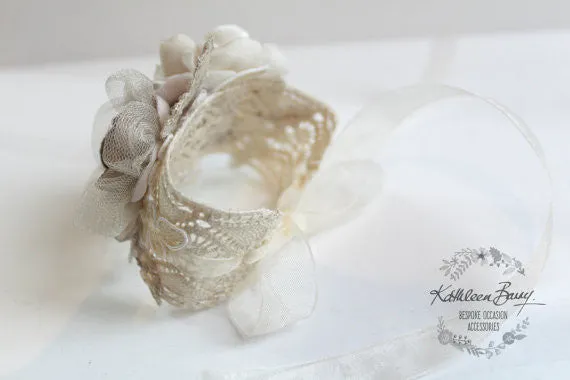 Lace wrist corsage - Oyster taupe pebble wedding accessories - Mother of the Bride - Bridesmaid - Prom - Matric dance