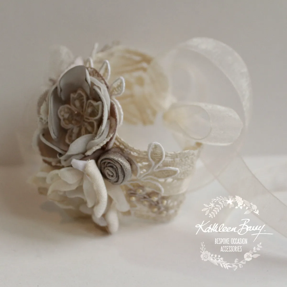 Lace wrist corsage - Oyster taupe pebble wedding accessories - Mother of the Bride - Bridesmaid - Prom - Matric dance