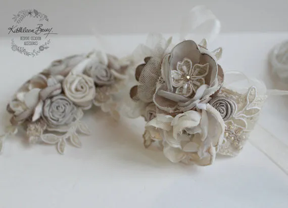Lace wrist corsage - Oyster taupe pebble wedding accessories - Mother of the Bride - Bridesmaid - Prom - Matric dance