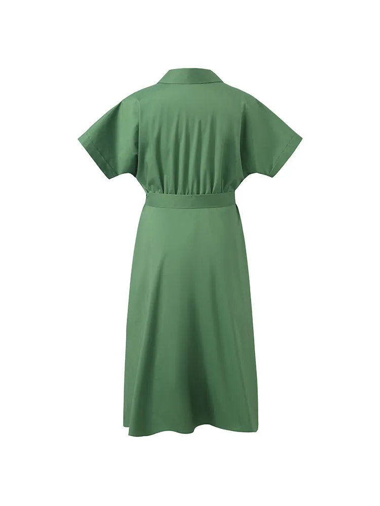 Lapel V-Neck Women Midi Shirt Dress With Belt