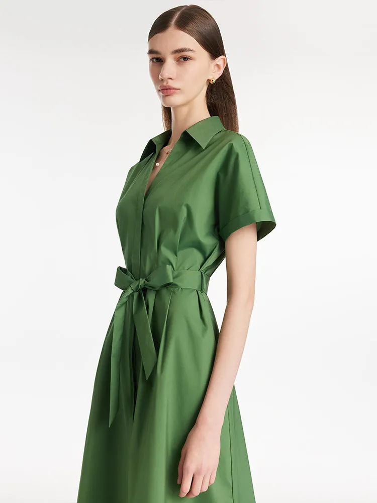 Lapel V-Neck Women Midi Shirt Dress With Belt
