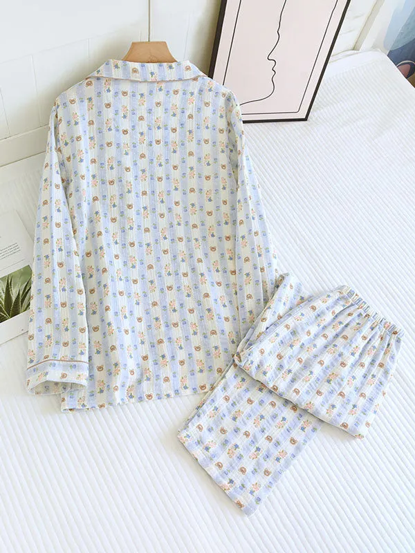 Long Sleeve Teddy Bear Printed Striped Pajamas