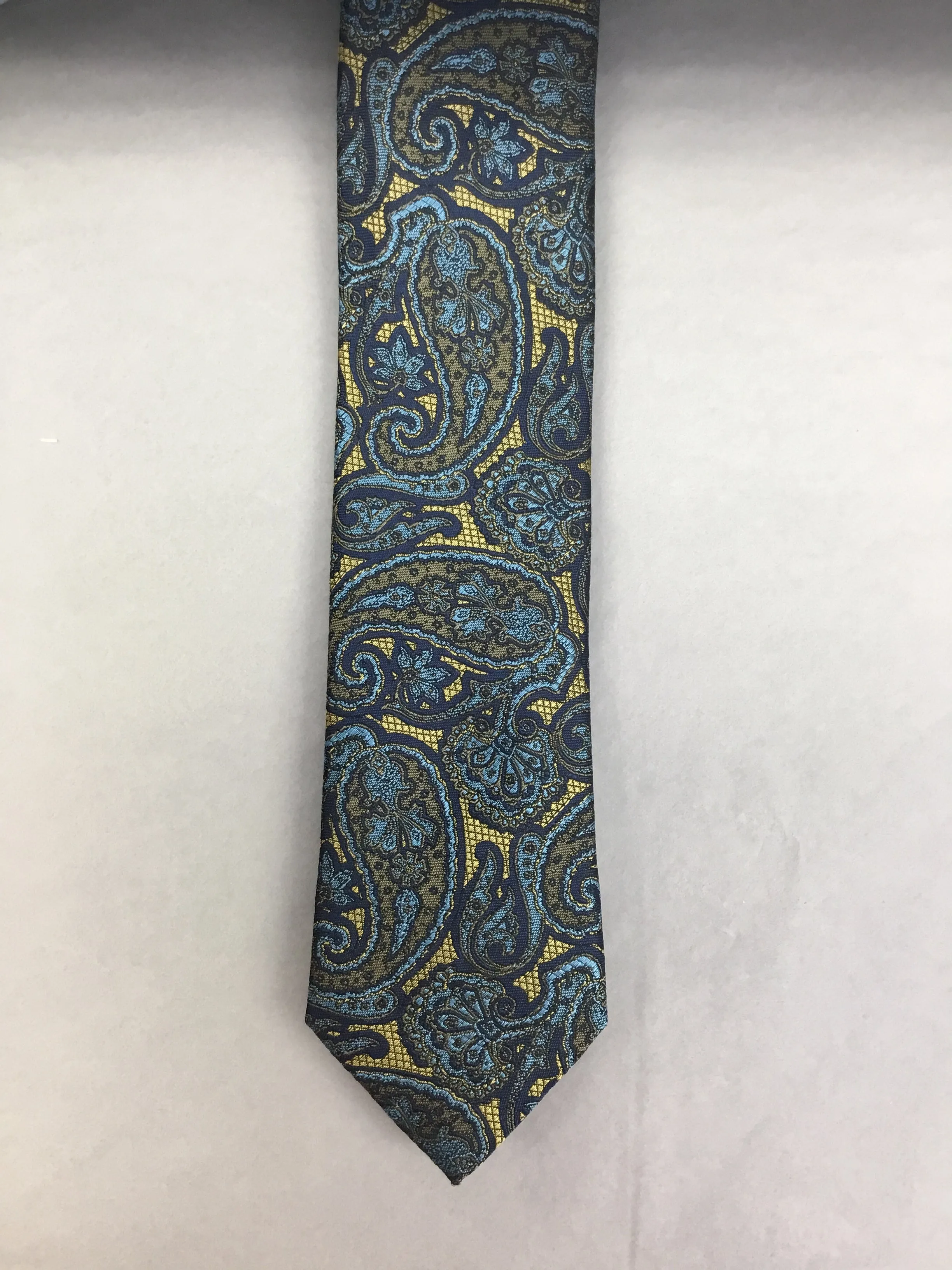 Mens Silk Tie Paisley Olive/Blue