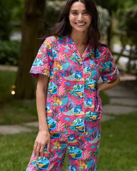 Meowing Mermaids - Short Sleeve Top & Cropped Pants Set - Hot Pink