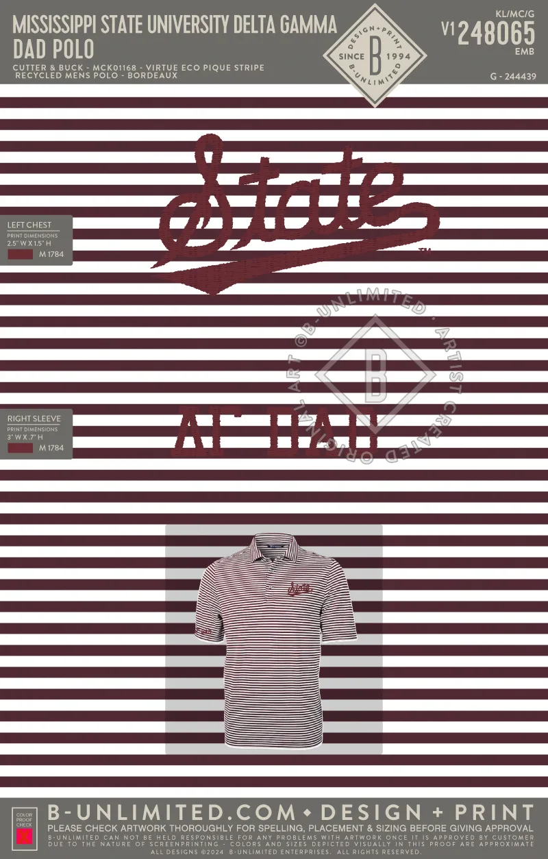 Mississippi State University Delta Gamma Mens Eco-Friendly Bordeaux Stripe Polo - Cutter & Buck Virtue Collection MCK01168
