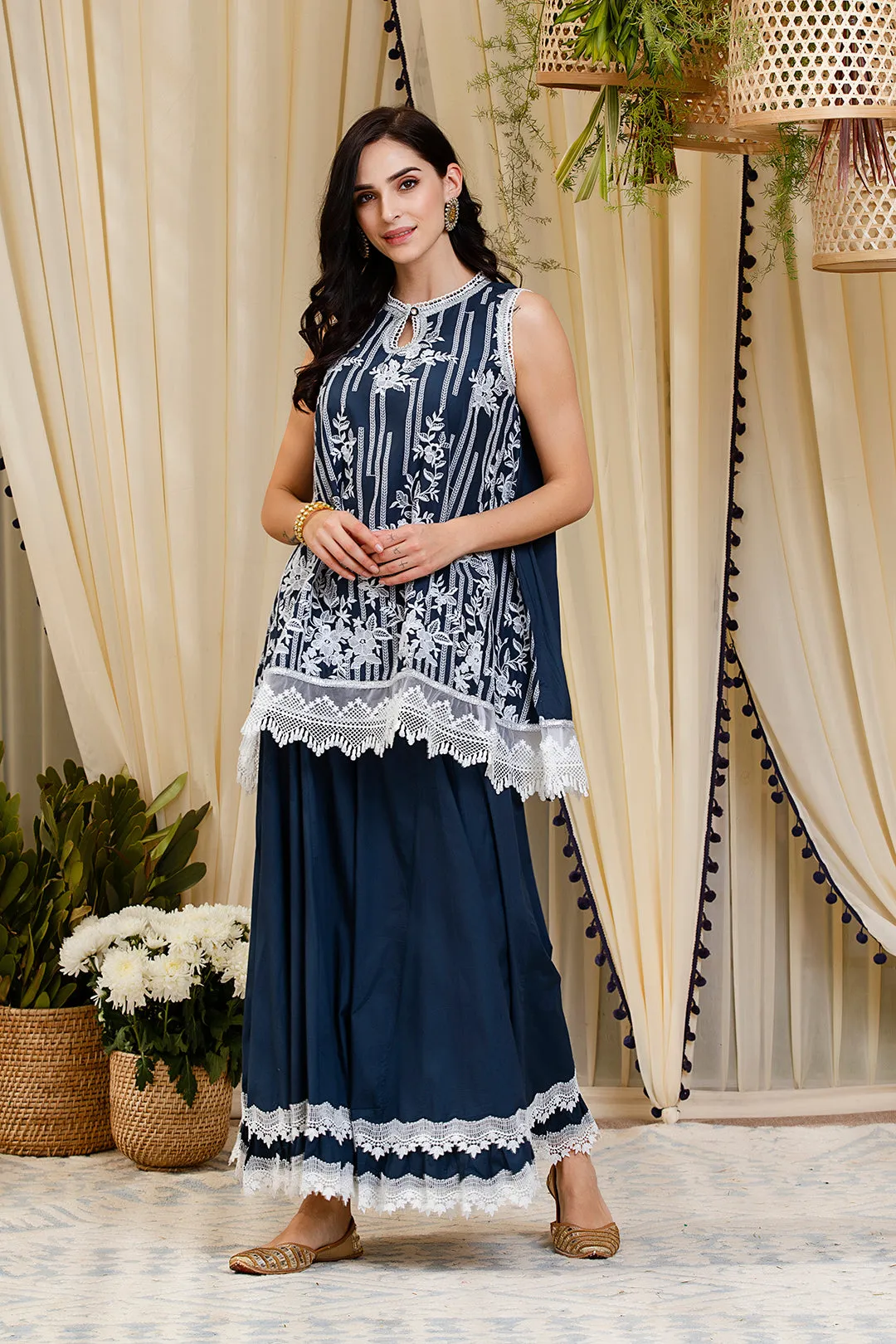 Mulmul Blossom Navy Kurti With Blossom Sharara