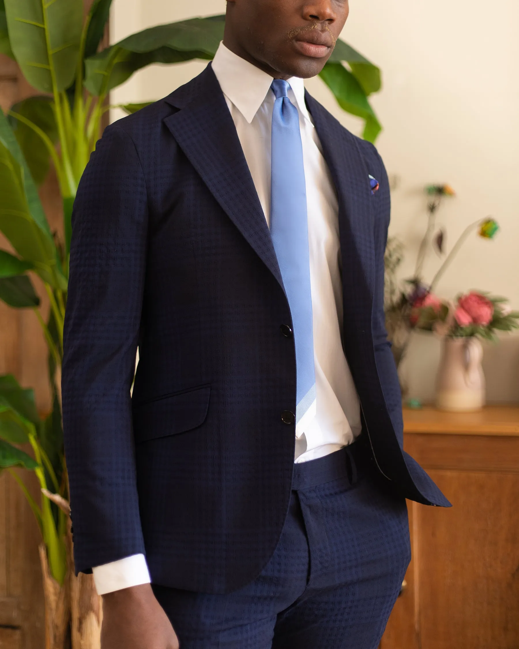 Navy Prince of Wales Seersucker Wool Blazer