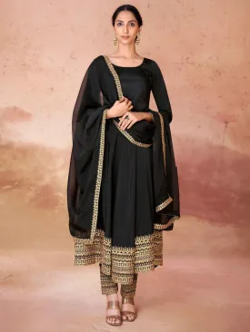 Odette Black Crepe Embroidered Stitched Gown For Women