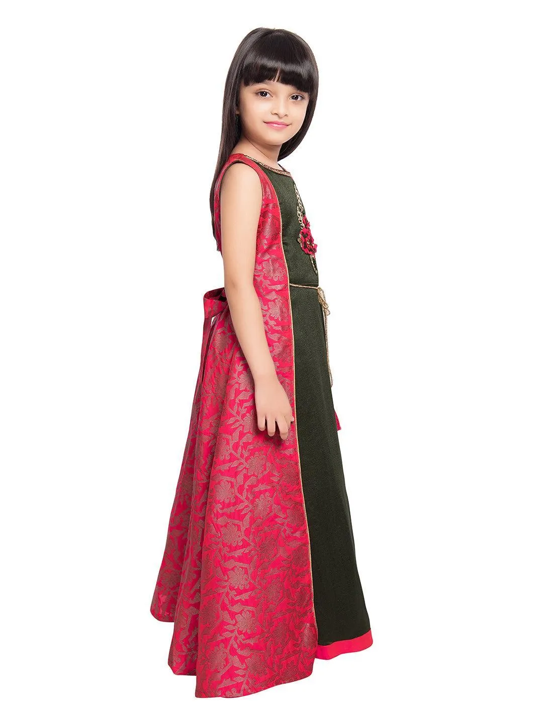 Pink Floral Jacket Styled Gown For Girls