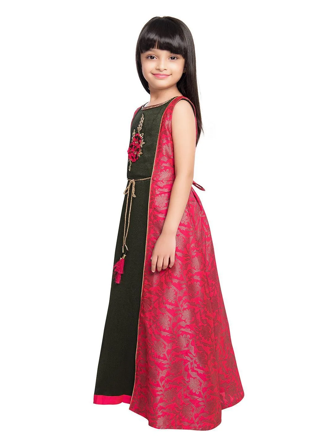 Pink Floral Jacket Styled Gown For Girls