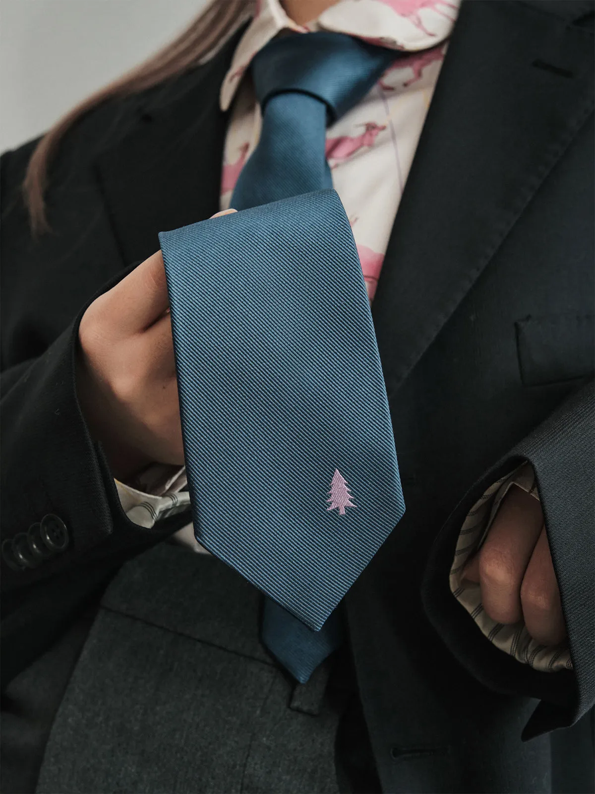 "Blush Pine" Silk Tie - Navy Blue