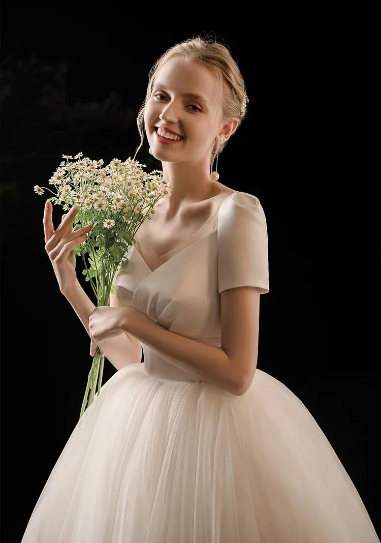 The Carlesque Wedding Bridal Short Sleeves Satin Gown