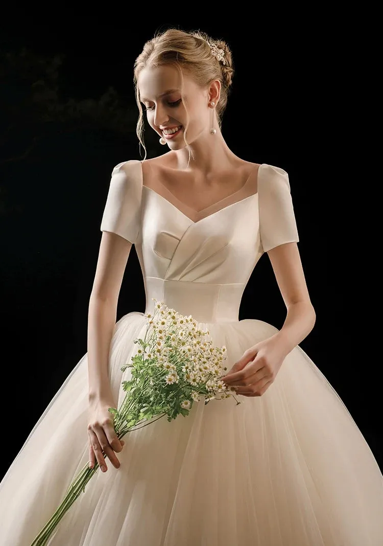 The Carlesque Wedding Bridal Short Sleeves Satin Gown