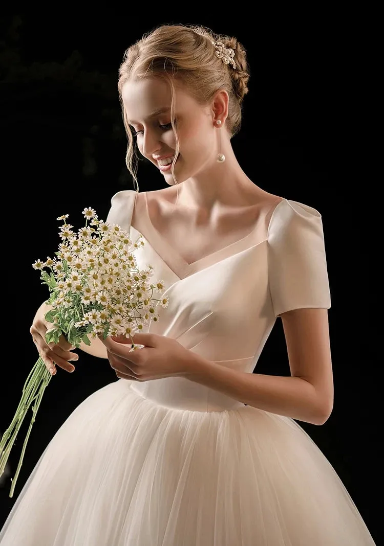 The Carlesque Wedding Bridal Short Sleeves Satin Gown