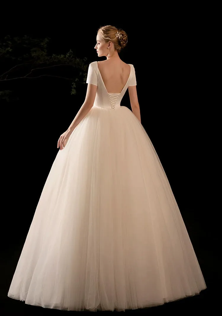 The Carlesque Wedding Bridal Short Sleeves Satin Gown