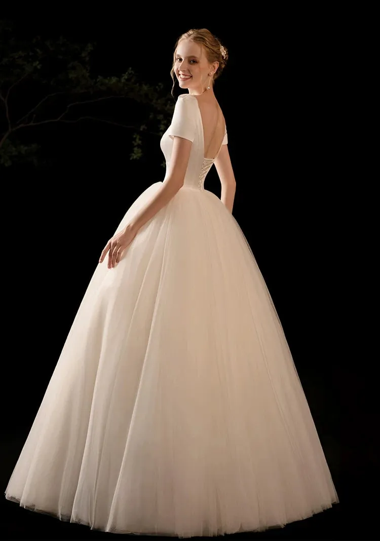 The Carlesque Wedding Bridal Short Sleeves Satin Gown