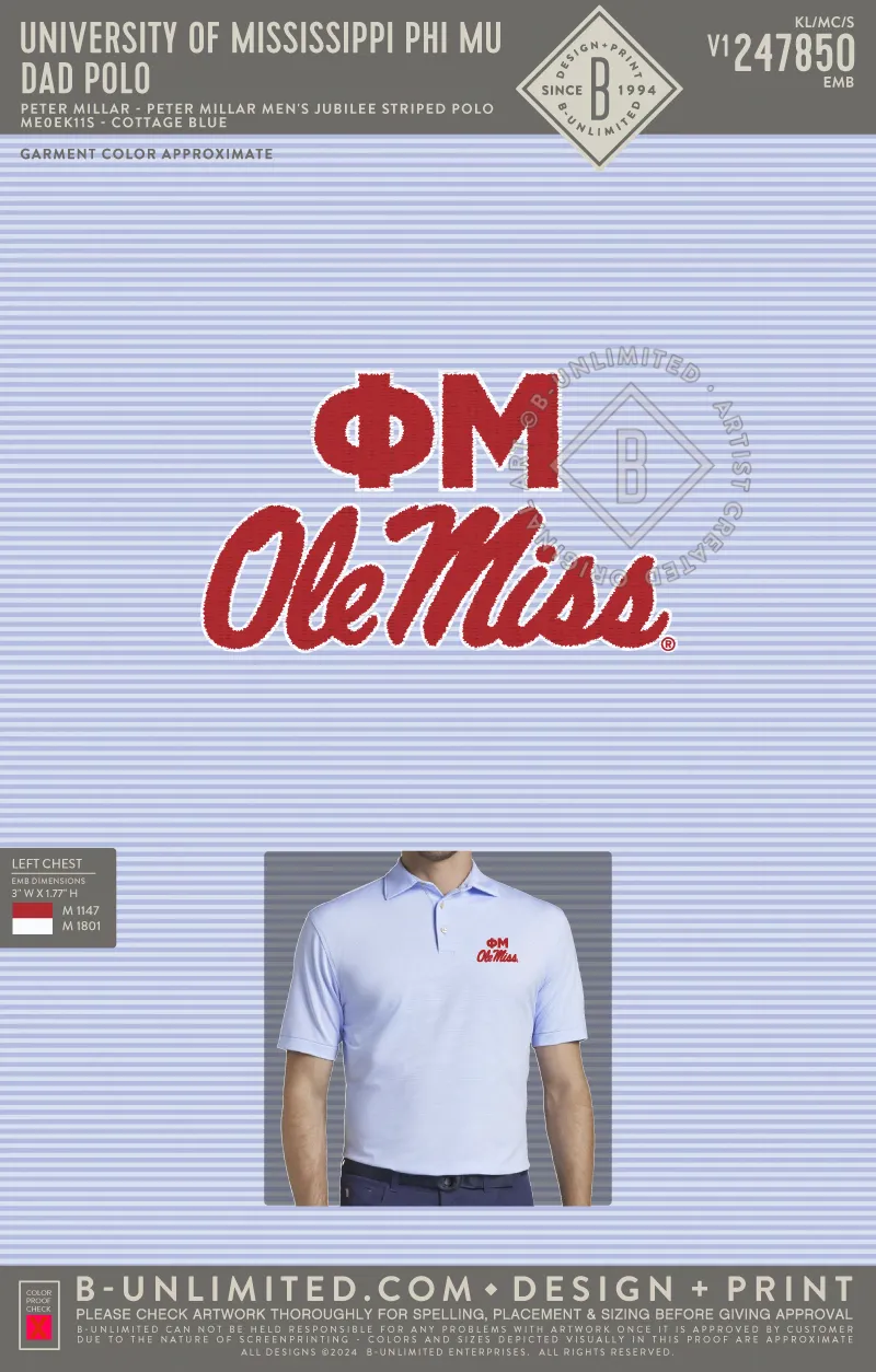 University of Mississippi Phi Mu - Dad Polo - Peter Millar - ME0EK11S - Men's Jubilee Striped Polo - Cottage Blue